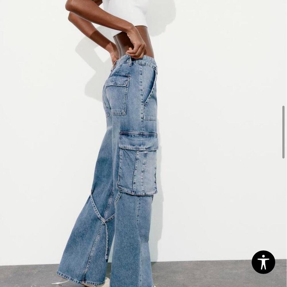 NWT ZARA Mid Rise Cargo Wide Leg Jeans Blue Size 6 - Picture 5 of 10